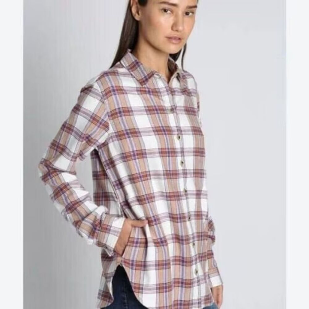 Jachs Girlfriend Womens Flannel Shirt Plaid Button Down Shirt Tan Size Small